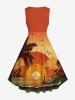 Robe vintage hawaïenne grande taille, imprimé cocotiers, vagues et coucher de soleil, années 1950 - Orange S