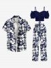 Plus Size Hibiscus Flowers Leaf Print Drawstring Hawaii Wide Leg Pants -  