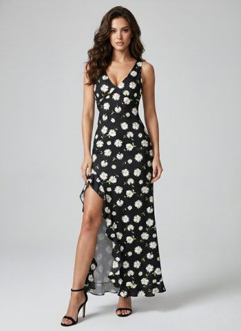 Daisy Flower Print Hawaii Ruffles Split Dress - BLACK - XXL