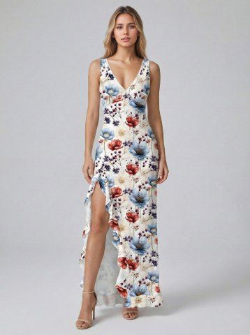 Flower Branch Print Hawaii Ruffles Split Dress - WHITE - XXL