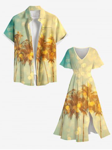 Ensemble de plage hawaïen assorti grande taille à imprimé ombré de cocotiers pour couples - YELLOW