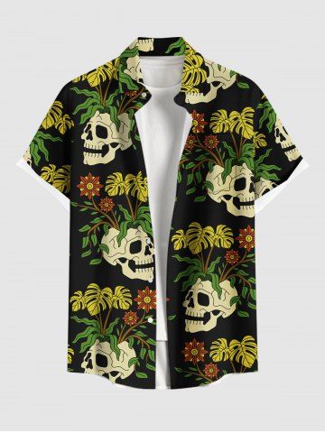 Plus Size Skulls Tropical Leaf Flowers Print Buttons Pocket Hawaii Shirt For Men - BLACK - XL