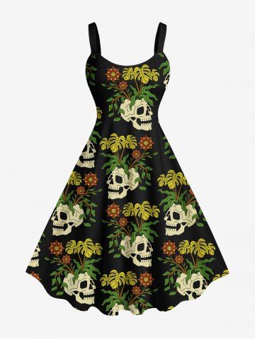Robe débardeur hawaïenne grande taille à imprimé de crânes, feuilles tropicales et fleurs - BLACK - L