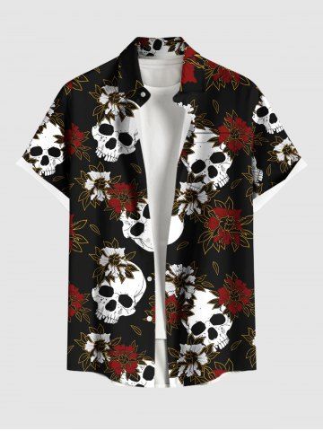 Plus Size Skulls Flowers Print Buttons Pocket Shirt For Men - BLACK - S