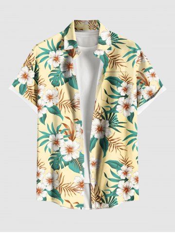 Chemise hawaïenne grande taille pour homme, à imprimé floral tropical et feuilles d'hibiscus, boutons et poche. - YELLOW - 6XL