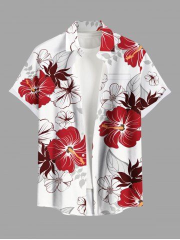 Chemise hawaïenne grande taille pour homme, à imprimé hibiscus, boutons et poches. - WHITE - M