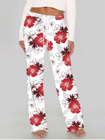 Plus Size Hibiscus Flower Print Drawstring Hawaii Wide Leg Pants - WHITE - M