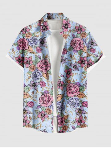 Chemise à boutons et poches pour homme, grande taille, imprimé rose, pour la Saint-Valentin - POWDER BLUE - 4XL