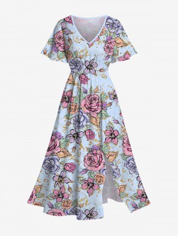 Robe midi fendue à imprimé rose grande taille pour la Saint-Valentin - SKY BLUE - L
