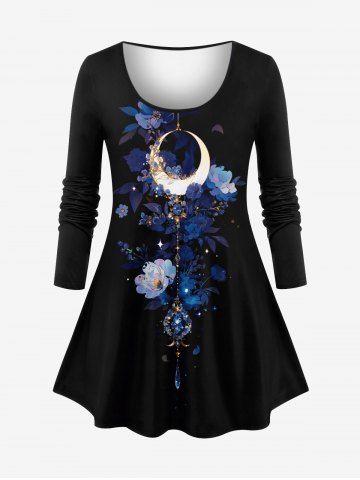 Plus Size Flowers Moon Gem Pendant Print Long Sleeves T-shirt - BLACK - S