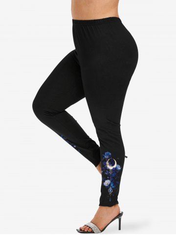 Leggings grande taille à imprimé fleurs et pendentif lune et pierre précieuse - BLACK - 4X
