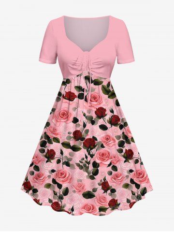 Plus Size Valentine's Day Rose Flower Leaf Print Cinched Dress - LIGHT PINK - S