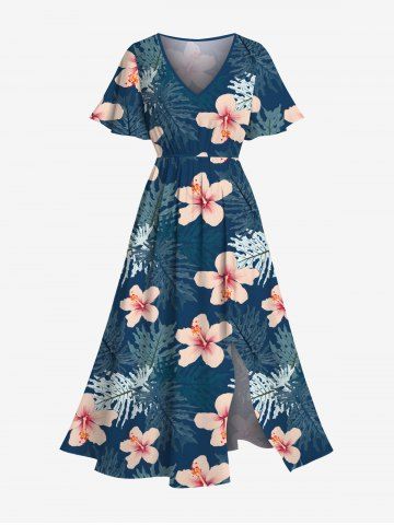 Plus Size Hibiscus Flower Tropical Leaf Print Split Hawaii Midi Dress - PEACOCK BLUE - XXS