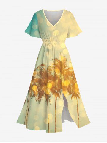 Plus Size Coconut Tree Ombre Print Split Hawaii Midi Dress - YELLOW - XXS