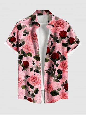 Plus Size Valentine's Day Rose Flower Leaf Print Buttons Pocket Shirt For Men - LIGHT PINK - M