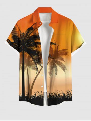 Plus Size Coconut Tree Ombre Sky Grass Print Hawaii Button Pocket Shirt For Men - ORANGE - L