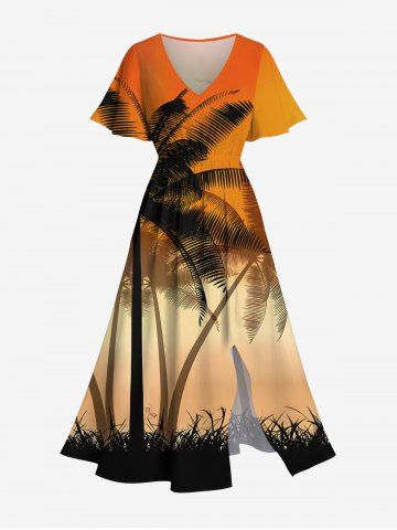 Plus Size Coconut Tree Ombre Sky Grass Print Hawaii Split Pocket A Line Midi Dress - DARK ORANGE - M