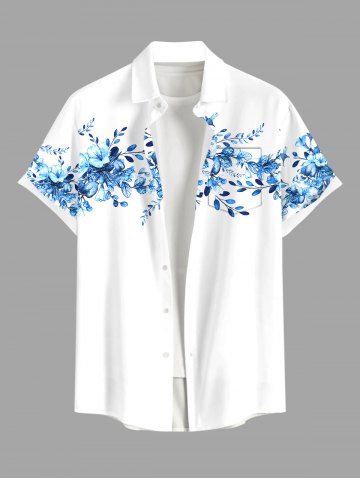 Plus Size Flowers Leaf Print Buttons Pocket Hawaii Shirt For Men - WHITE - 3XL