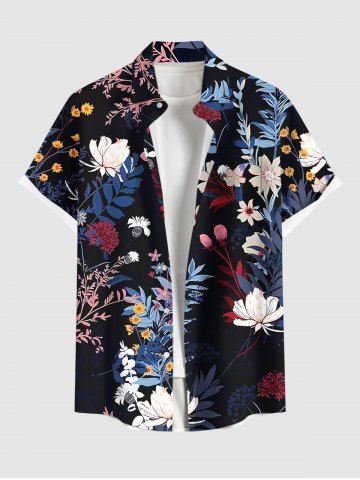 Plus Size Tropical Leaf Branch Flower Print Hawaii Button Pocket Shirt For Men - BLACK - 6XL