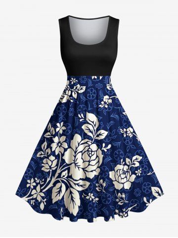 Plus Size Flower Leaf Branch Print Hawaii Vintage Swing A Line Dress - NAVY BLUE - 2X