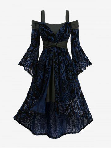 Robe grande taille asymétrique à ourlet haut-bas, ceinturée, à épaules dénudées et manches évasées, avec flocage fleuri