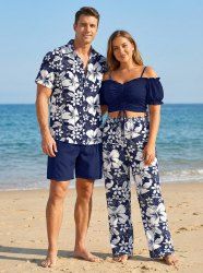 Ensemble de plage hawaïen assorti grande taille à imprimé fleurs d'hibiscus pour couples - Bleu Marine 