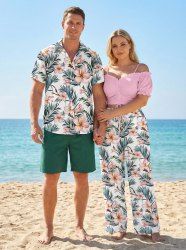 Ensemble de plage hawaïen assorti pour couples, imprimé tropical fleurs et feuilles, grandes tailles - Rose clair 