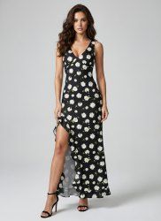 Robe hawaïenne à imprimé marguerites et volants fendue - Noir S