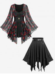 Ensemble composé d'un haut 2 en 1 à imprimé rose, froncé et ceinturé, et d'une jupe trapèze unie à volants. - Noir 