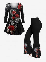 Ensemble assorti grande taille : T-shirt et pantalon évasé imprimés rose, papillon, cœur et pois lumineux pour la Saint-Valentin - Noir 