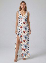 Robe hawaïenne à imprimé de branches fleuries et à volants fendue - Blanc M
