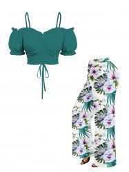 Flowers Leaf Tropical Print Plus Size Matching Hawaii Set -  