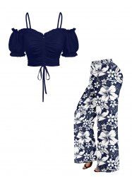 Hibiscus Flowers Leaf Print Plus Size Matching Hawaii Set -  