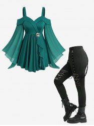 Haut cache-cœur à épaules dénudées en maille transparente et manches évasées, et legging ajouré à motif tête de mort, tenue grande taille - Vert 
