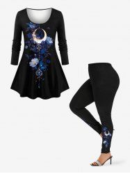 Flowers Moon Gem Pendant Print Plus Size Matching Set -  