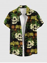 Plus Size Skulls Tropical Leaf Flowers Print Buttons Pocket Hawaii Shirt For Men -  
