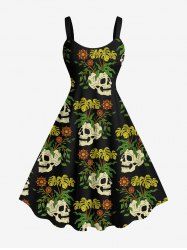 Robe débardeur hawaïenne grande taille à imprimé de crânes, feuilles tropicales et fleurs - Noir 2X