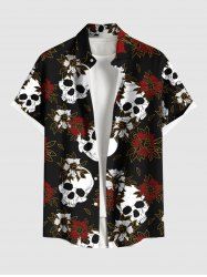 Plus Size Skulls Flowers Print Buttons Pocket Shirt For Men -  