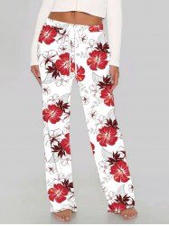 Plus Size Hibiscus Flower Print Drawstring Hawaii Wide Leg Pants -  