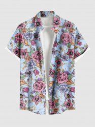 Plus Size Valentine's Day Rose Flower Print Buttons Pocket Shirt For Men -  
