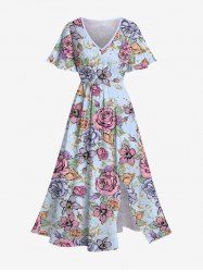 Plus Size Valentine's Day Rose Flower Print Split Midi Dress -  