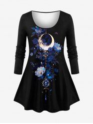 T-shirt à manches longues grande taille avec imprimé pendentif lune et pierres précieuses et fleurs - Noir L