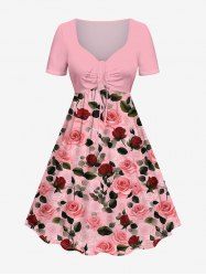 Plus Size Valentine's Day Rose Flower Leaf Print Cinched Dress -  