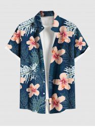 Plus Size Hibiscus Flower Tropical Leaf Print Buttons Pocket Hawaii Shirt For Men -  