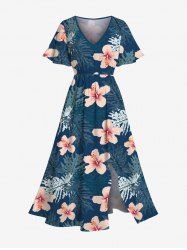 Plus Size Hibiscus Flower Tropical Leaf Print Split Hawaii Midi Dress - Paon Bleu S