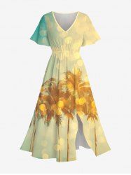 Robe mi-longue hawaïenne fendue à imprimé ombré de cocotiers grande taille - Jaune 1X