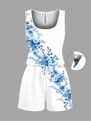 Plus Size Flowers Leaf Print Cinched Hawaii Romper -  