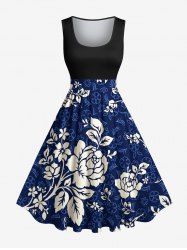 Plus Size Flower Leaf Branch Print Hawaii Vintage Swing A Line Dress -  
