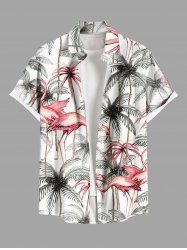Chemise hawaïenne à boutons et poches, imprimé flamants roses et cocotiers, grandes tailles pour hommes - Blanc 3XL