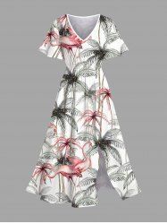 Robe midi trapèze grande taille à imprimé flamants roses et cocotiers, style hawaïen, avec poches fendues - Blanc XS